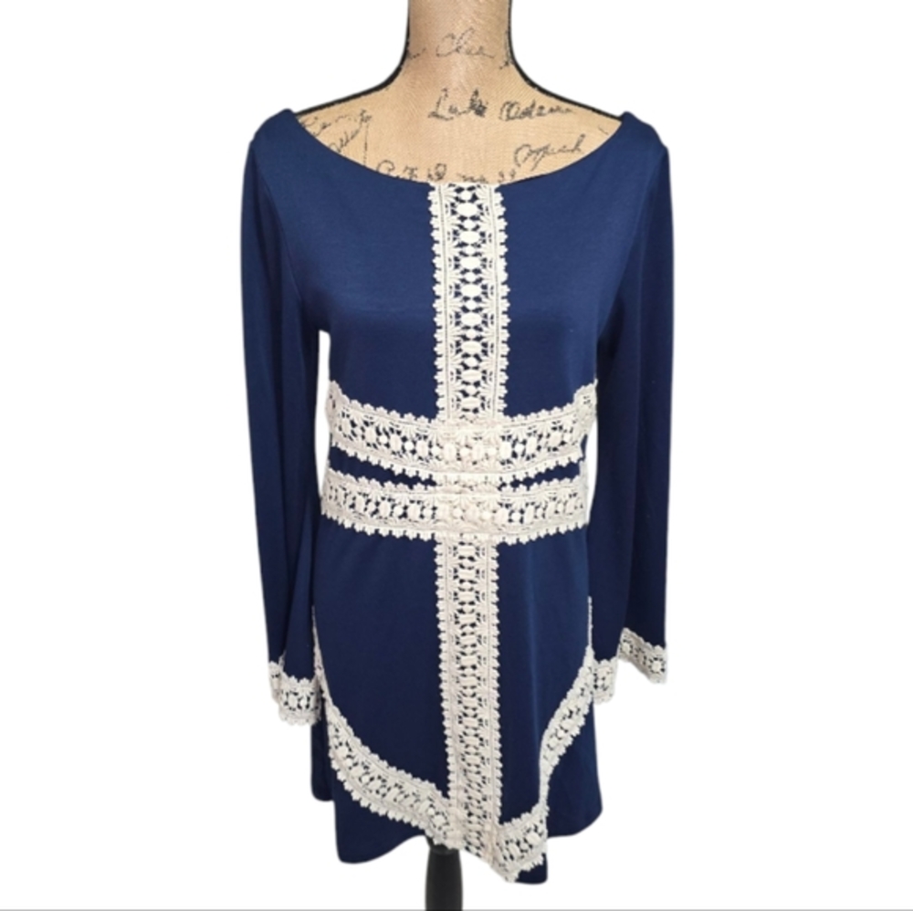 Judith March I Dream Of Jeannie Navy Blue Dress with Cream Lace Accents 60s 70 M